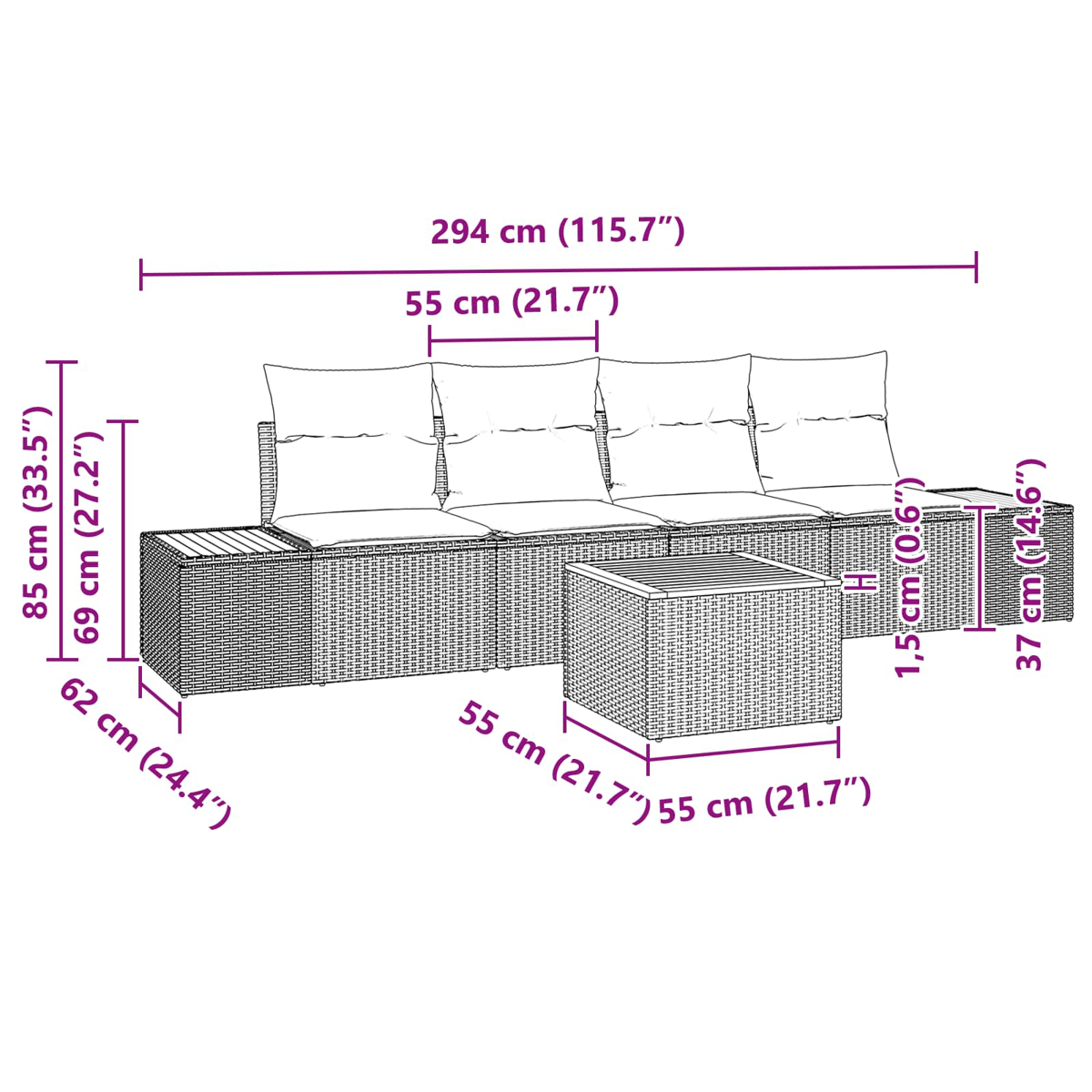 Ein Diagramm von Gartenmöbeln. Es umfasst ein Sofa, einen kleinen Tisch sowie Abmessungen in Zentimetern und Zoll.