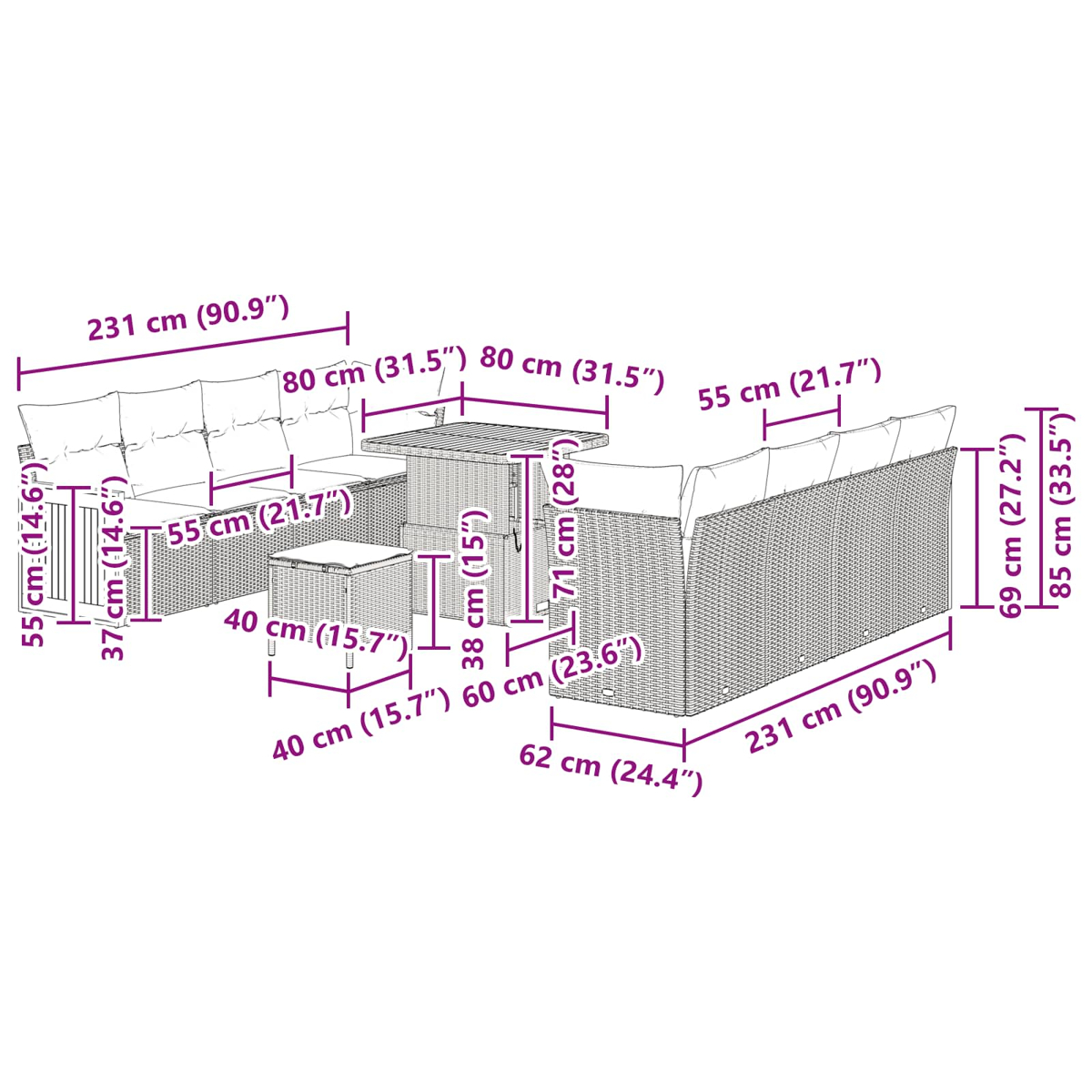 Un diagramma mostra le dimensioni di mobili da esterno: un divano, un tavolo, un pouf e un altro divano. Le misure sono in cm e pollici.