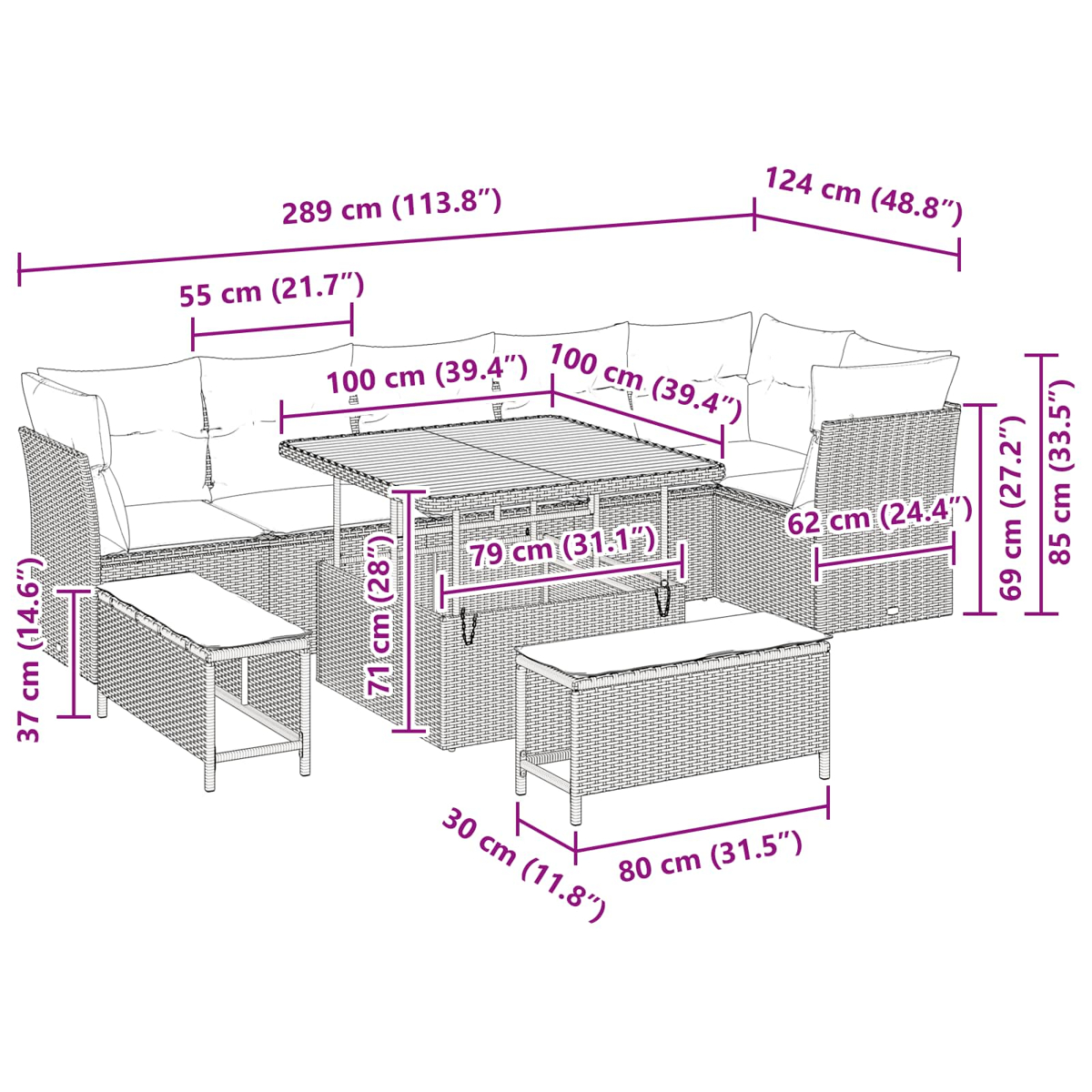 Ein Outdoor-Möbelset mit Tisch, Bänken und Ecksofa, mit beschrifteten Abmessungen in Lila.