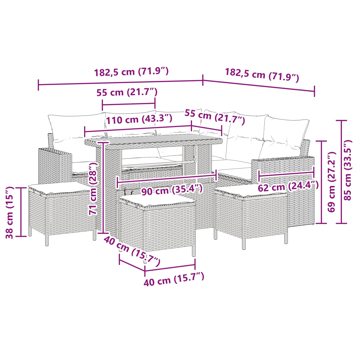 Ein Diagramm zeigt ein Rattan-Gartenmöbelset mit Maßen. Es umfasst einen Tisch, Sofas und Ottomanen.