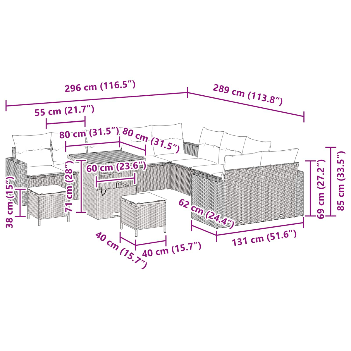 Ein geflochtenes Gartenmöbelset mit Maßangaben in cm und Zoll. Beinhaltet Sofa, Stühle und einen Tisch.