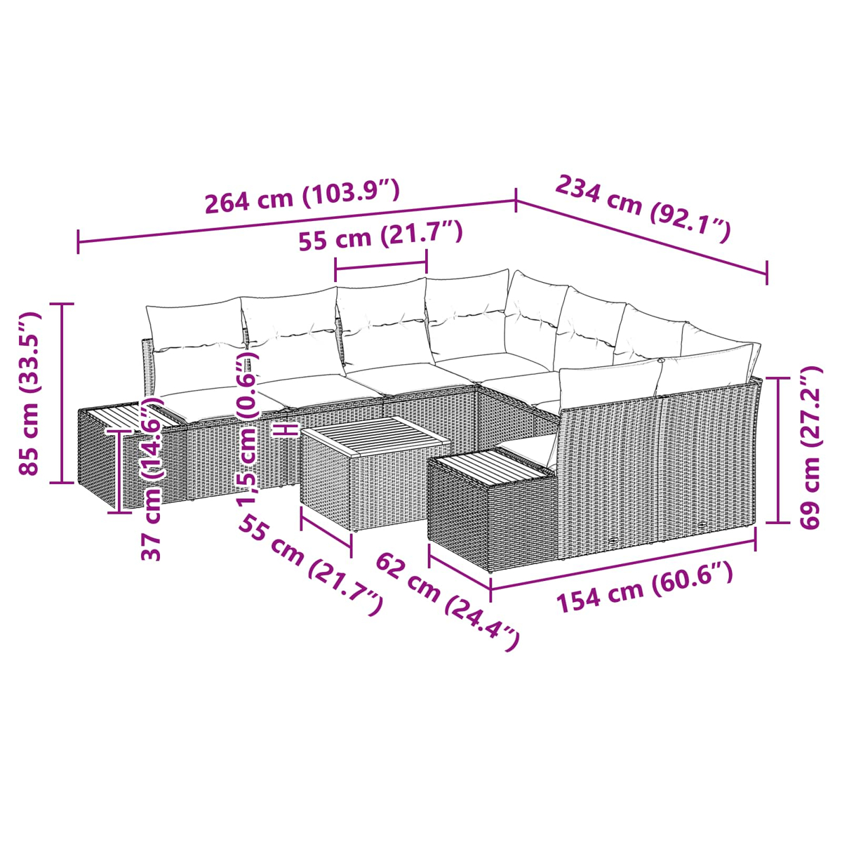 Diagramm eines Outdoor-Ecksofas mit Abmessungen in cm und Zoll. Enthält zwei kleine Tische und Abmessungen.