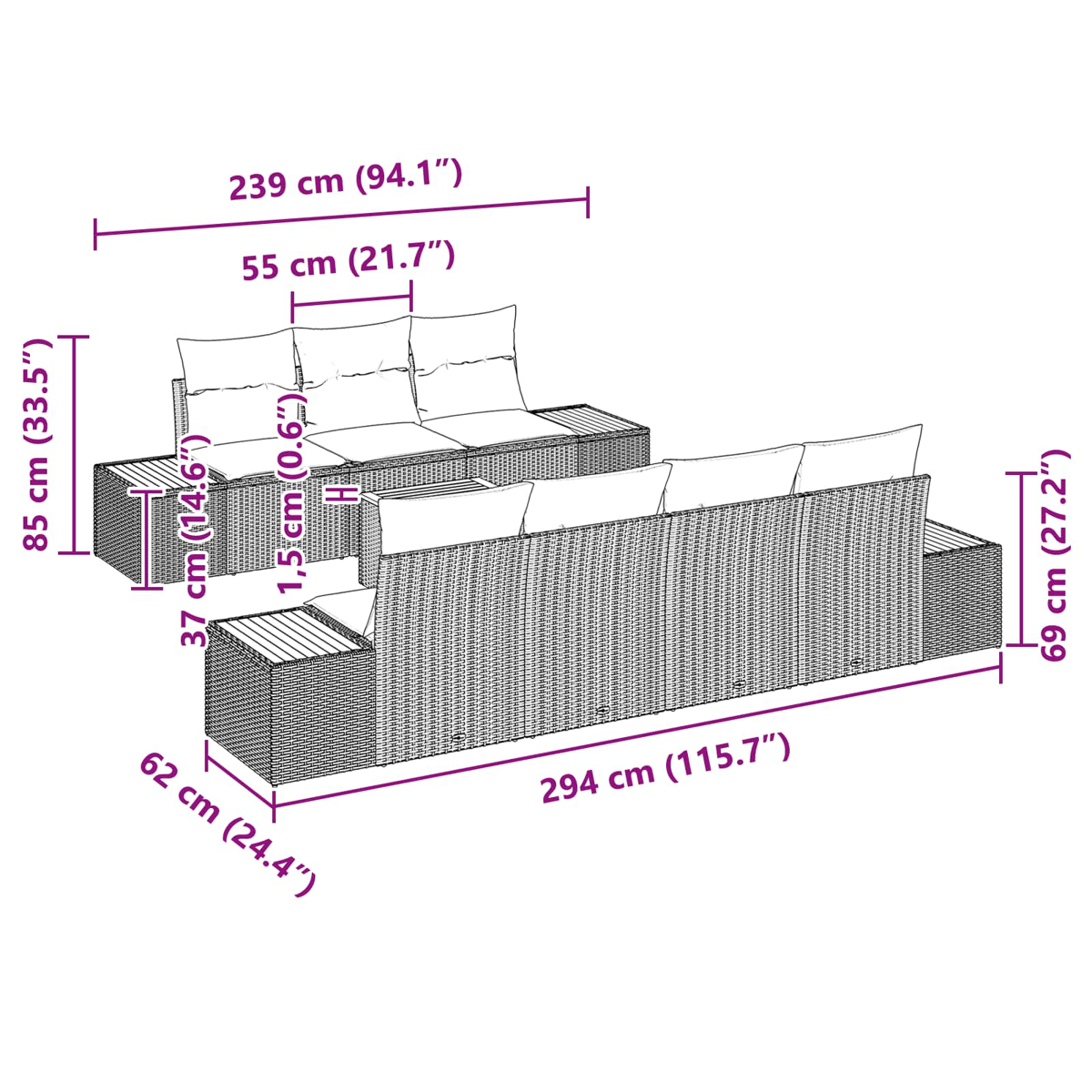 Diagramm eines Outdoor-Möbelsets aus Korbgeflecht mit Abmessungen in cm und Zoll. Beinhaltet zwei Sofas und Beistelltische, detailliert.