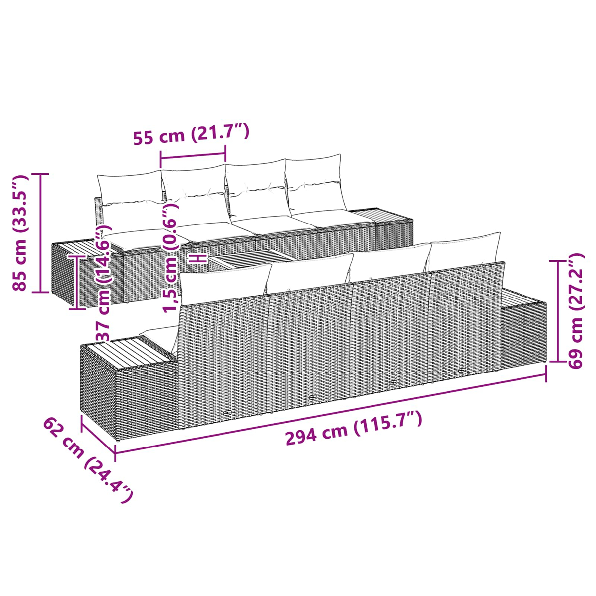 Outdoor-Rattan-Sofagarnitur mit Maßangaben, einschließlich Höhe, Breite und Tiefe. Kissen und Beistelltische sind ebenfalls sichtbar.