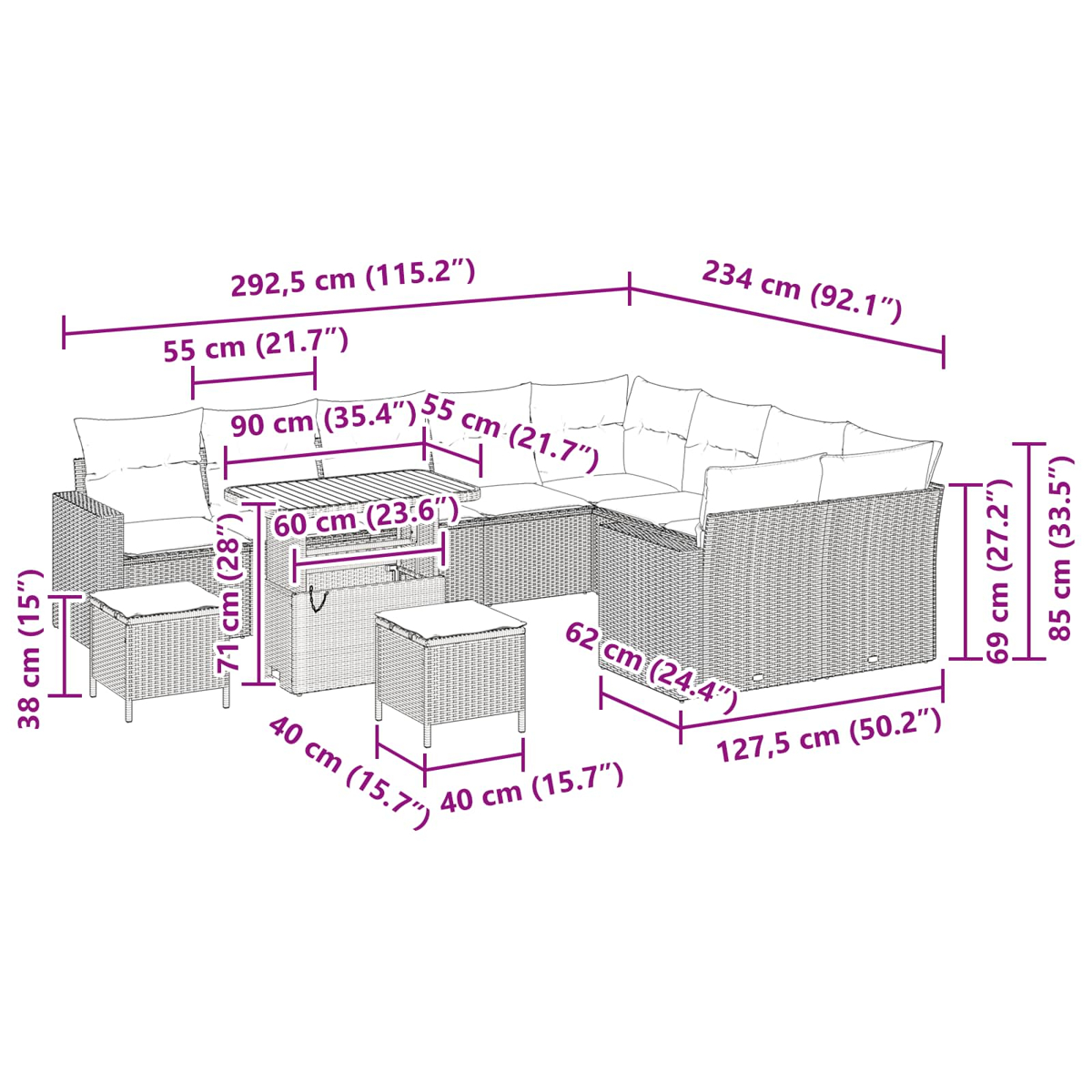 Diagrama de juego de muebles de exterior con dimensiones. Incluye un sofá esquinero, mesa y dos otomanas. Mimbre y cojines beige.