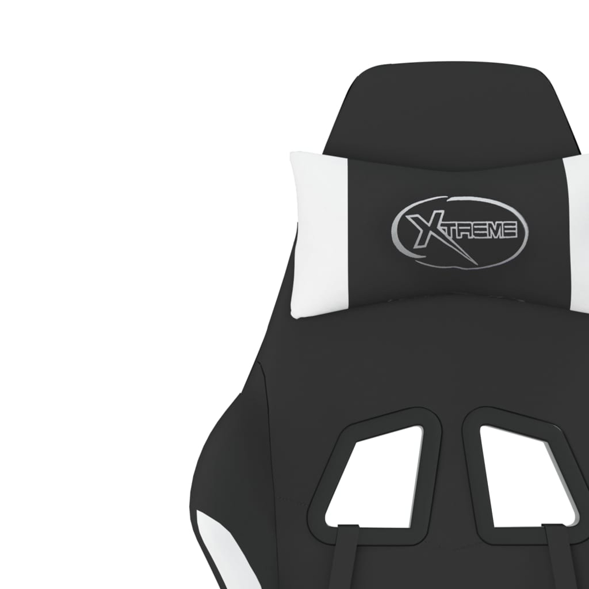 Schwarzer Gaming-Stuhl mit weißen Akzenten und 'Xtreme'-Logo auf der Kopfstütze. Merkmale sind Aussparungen und Gurte, vor weißem Hintergrund.