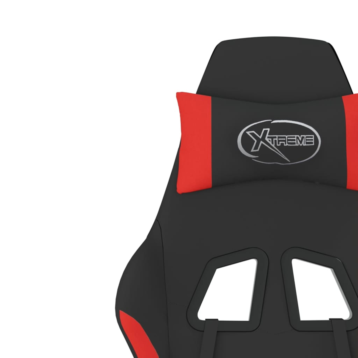 Schwarzer Gaming-Stuhl mit roten Akzenten und dem Wort 'Xtreme'. Der Stuhl hat eine Kopfstütze mit Logo und zwei Öffnungen.