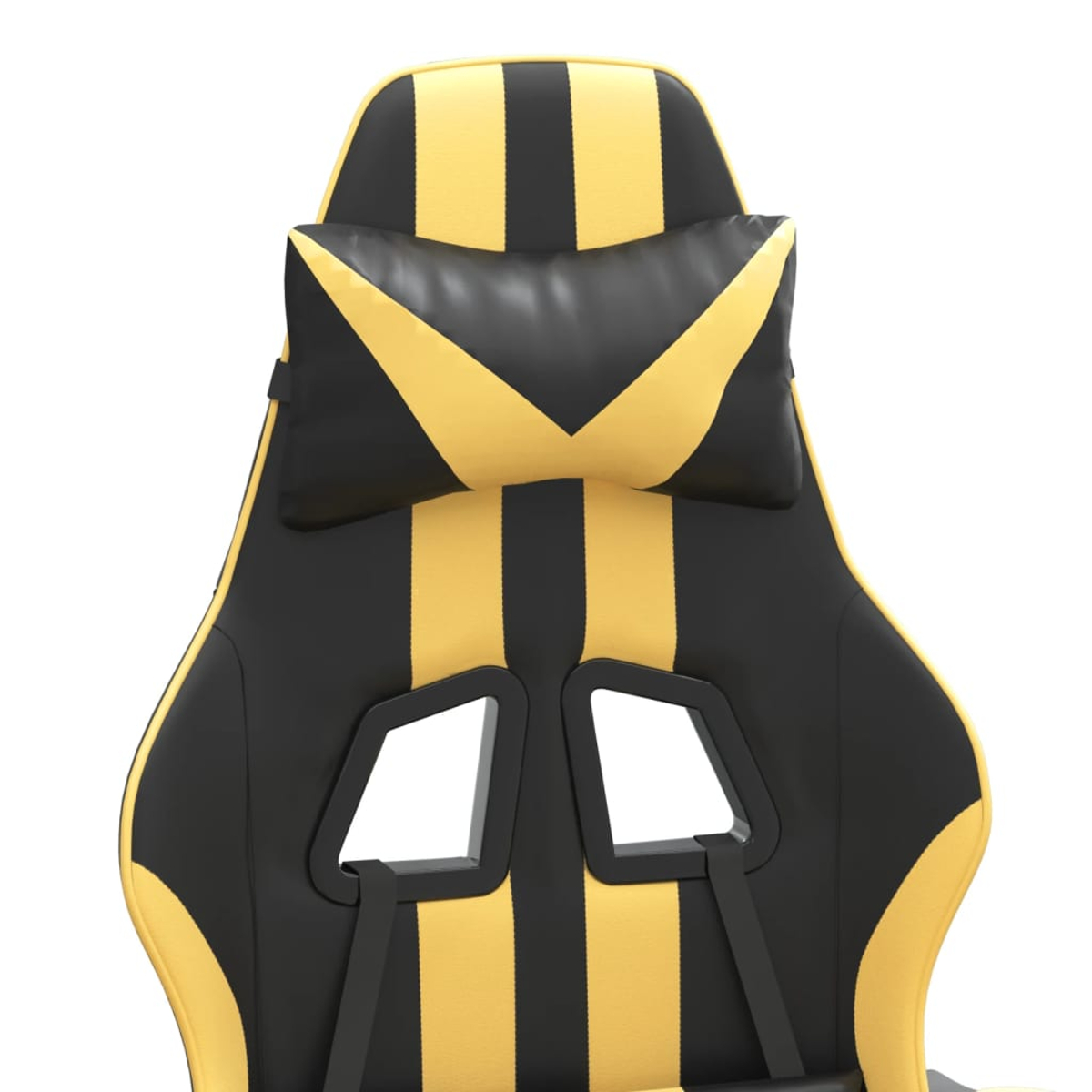 Nahaufnahme eines Gaming-Stuhlrückens. Er hat schwarz-gelbe Streifen, eine schwarze Kopfstütze mit gelbem V-Design.