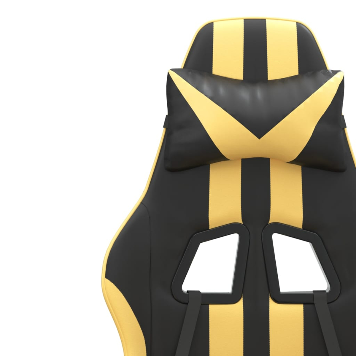 Gaming-Stuhl mit gelben und schwarzen Streifen. Schwarze Kopfstütze mit gelbem Chevron. Weißer Hintergrund.