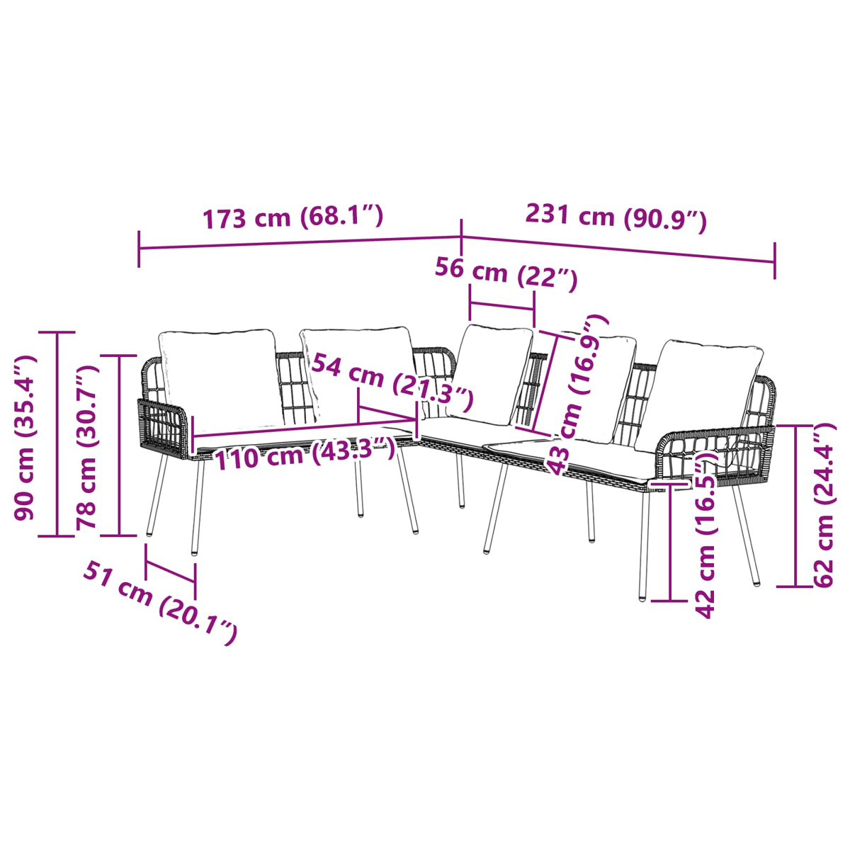 Diagramm eines schwarzen Metall-Außensofas mit weißen Kissen, mit Abmessungen in cm und Zoll.
