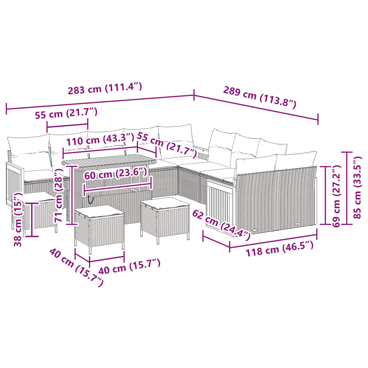 Diagramma con dimensioni di un set di mobili da esterno in rattan, tra cui tavolo, sedie e sezioni divano.
