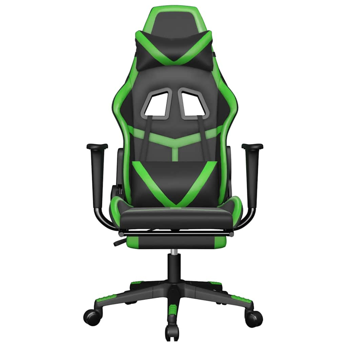 Ein Gaming-Stuhl mit schwarzem und grünem Design. Er hat eine hohe Rückenlehne, Armlehnen und ein Fünf-Sterne-Gestell mit Rollen.