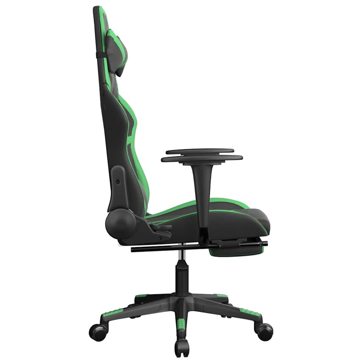 Ein Gaming-Stuhl, Seitenansicht. Schwarz und grün mit Kopfstütze, Armlehnen und Fünf-Sterne-Basis mit Rädern. Der Stuhl steht auf weißem Hintergrund.