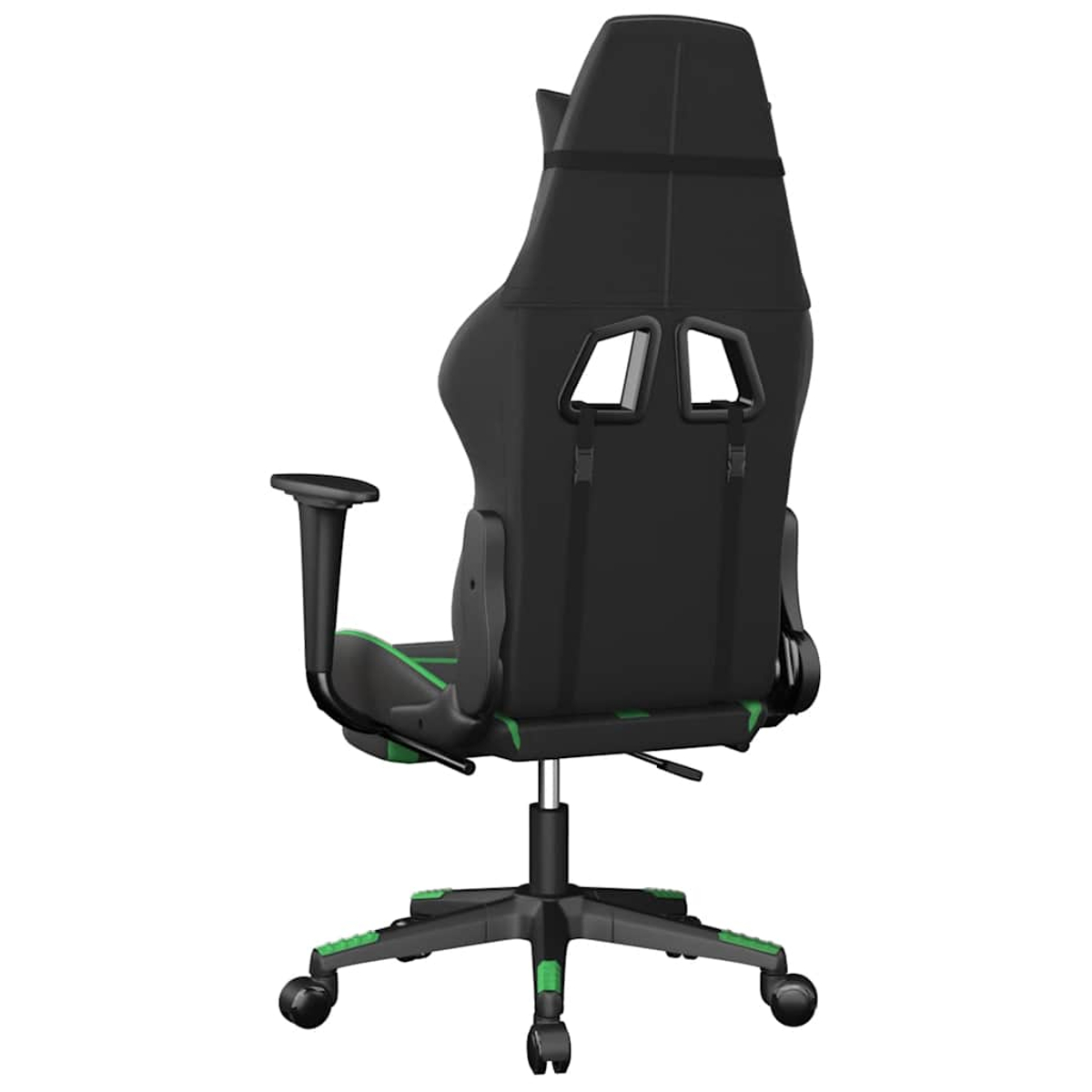 Ein schwarzer und grüner Gaming-Stuhl. Der Stuhl hat eine hohe Rückenlehne, Armlehnen und ein Fünf-Sterne-Gestell mit Rollen. Details sind grüne Akzente.