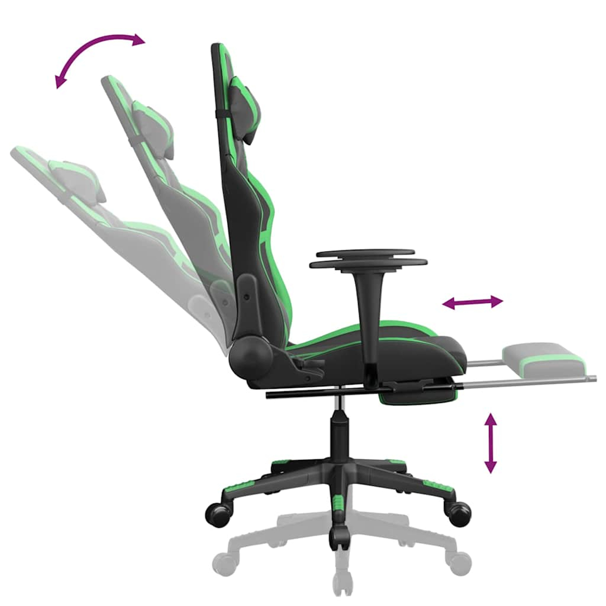 Ein Gaming-Stuhl mit schwarzen und grünen Akzenten. Pfeile zeigen verstellbare Funktionen: Rückenlehne, Armlehnen und Fußstütze.