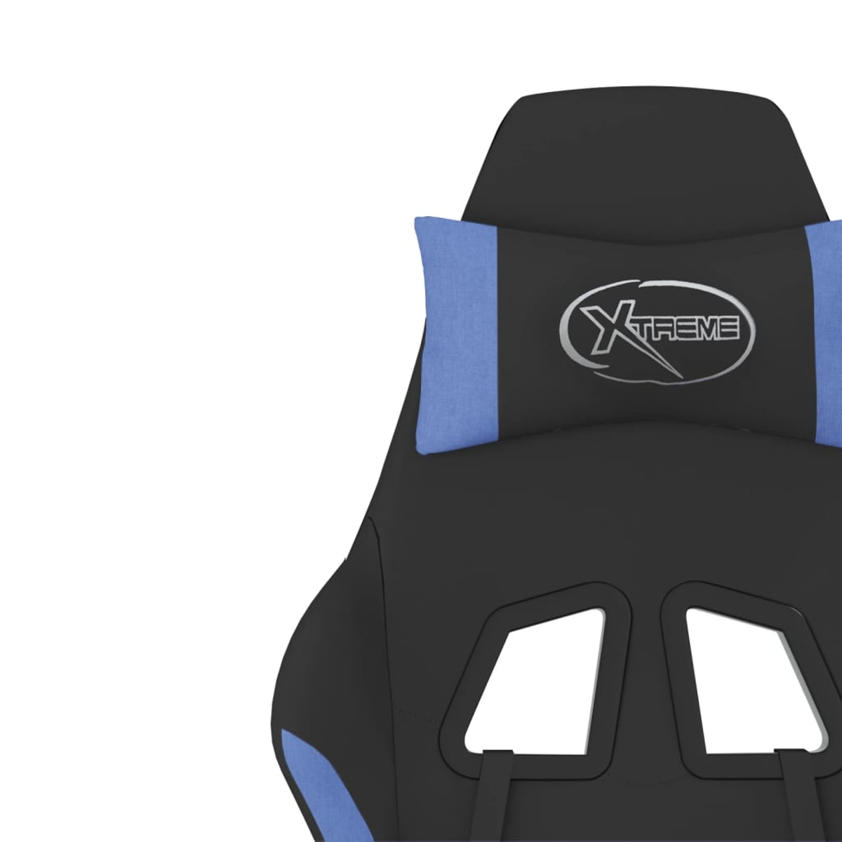 Schwarzer Gaming-Stuhl mit blauen Akzenten. Verfügt über eine Kopfstütze mit 'Xtreme'-Logo und zwei Öffnungen in der Rückenlehne.