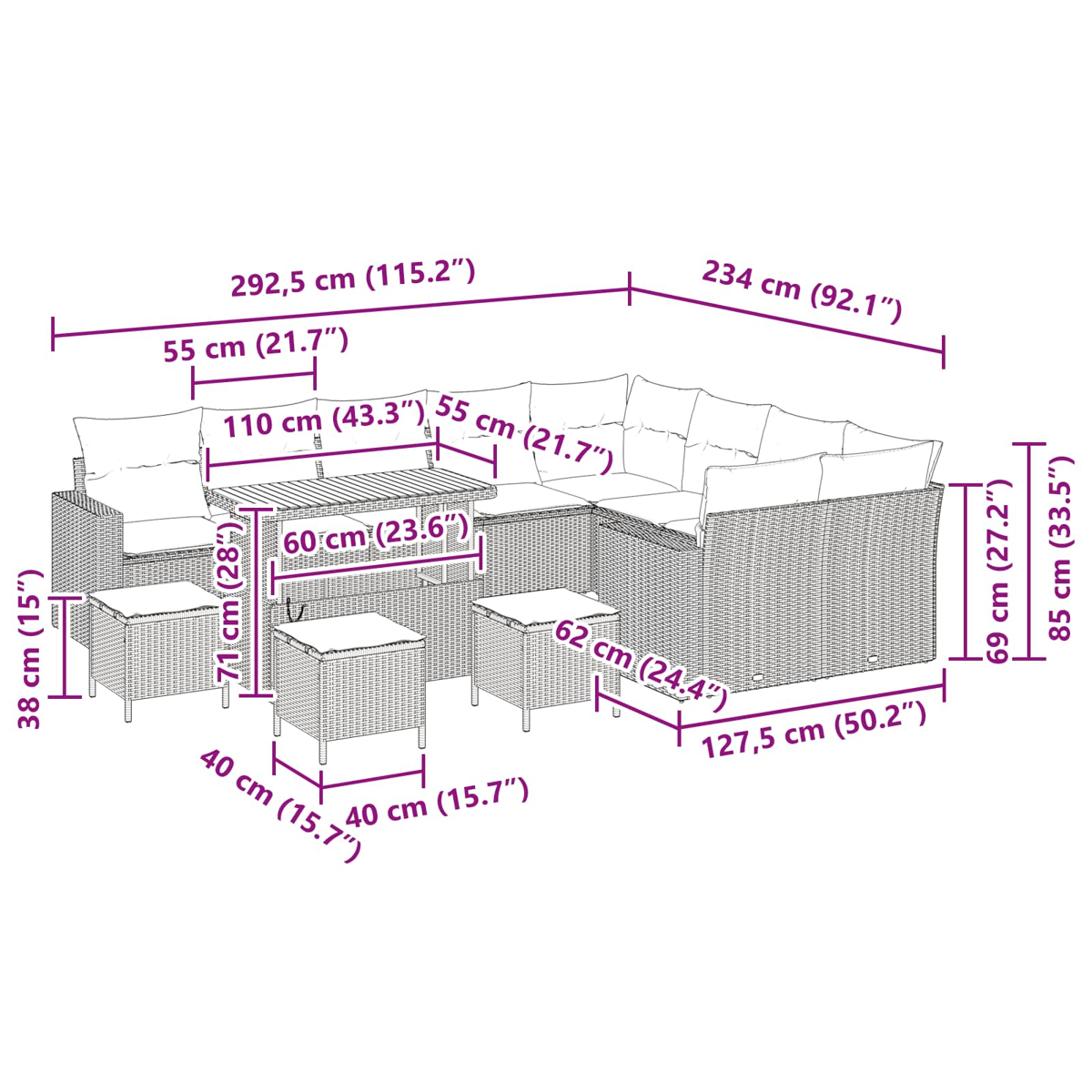 Gartenmöbel-Set aus Korbgeflecht mit Maßangaben in Lila. Enthält Sofa, Tisch und Hocker.