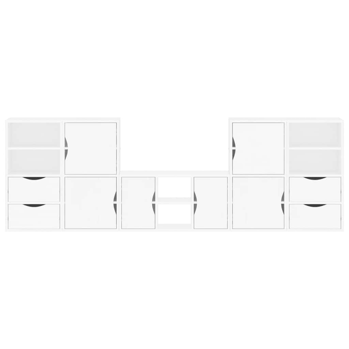 Ein weißes modulares Aufbewahrungselement mit verschiedenen Fächern. Enthält Schränke, Schubladen und offene Regale. Alle Türen und Schubladen sind geschlossen.