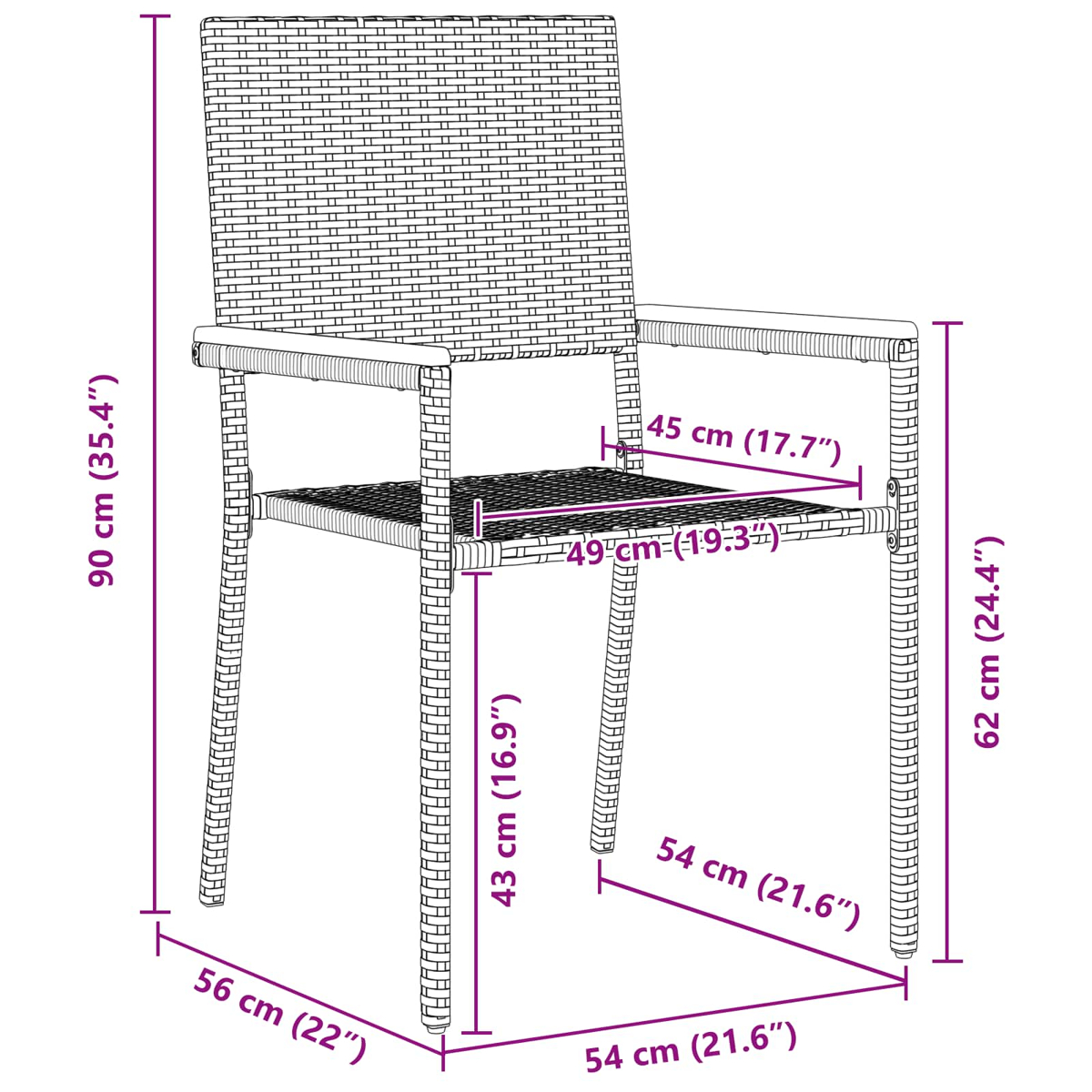 Ein Korbstuhl mit Maßangaben in cm und Zoll. Höhe 90 cm, Breite 56 cm und Sitztiefe 49 cm.