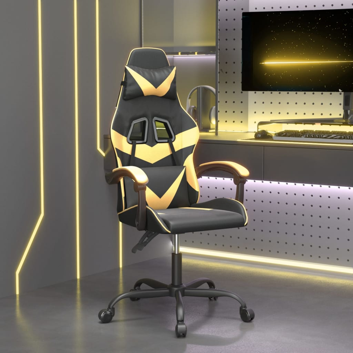 Ein Gaming-Stuhl, schwarz und gelb, in einem modernen Raum. Im Hintergrund ein Computer und Schreibtisch, Neonlichter an der Wand.