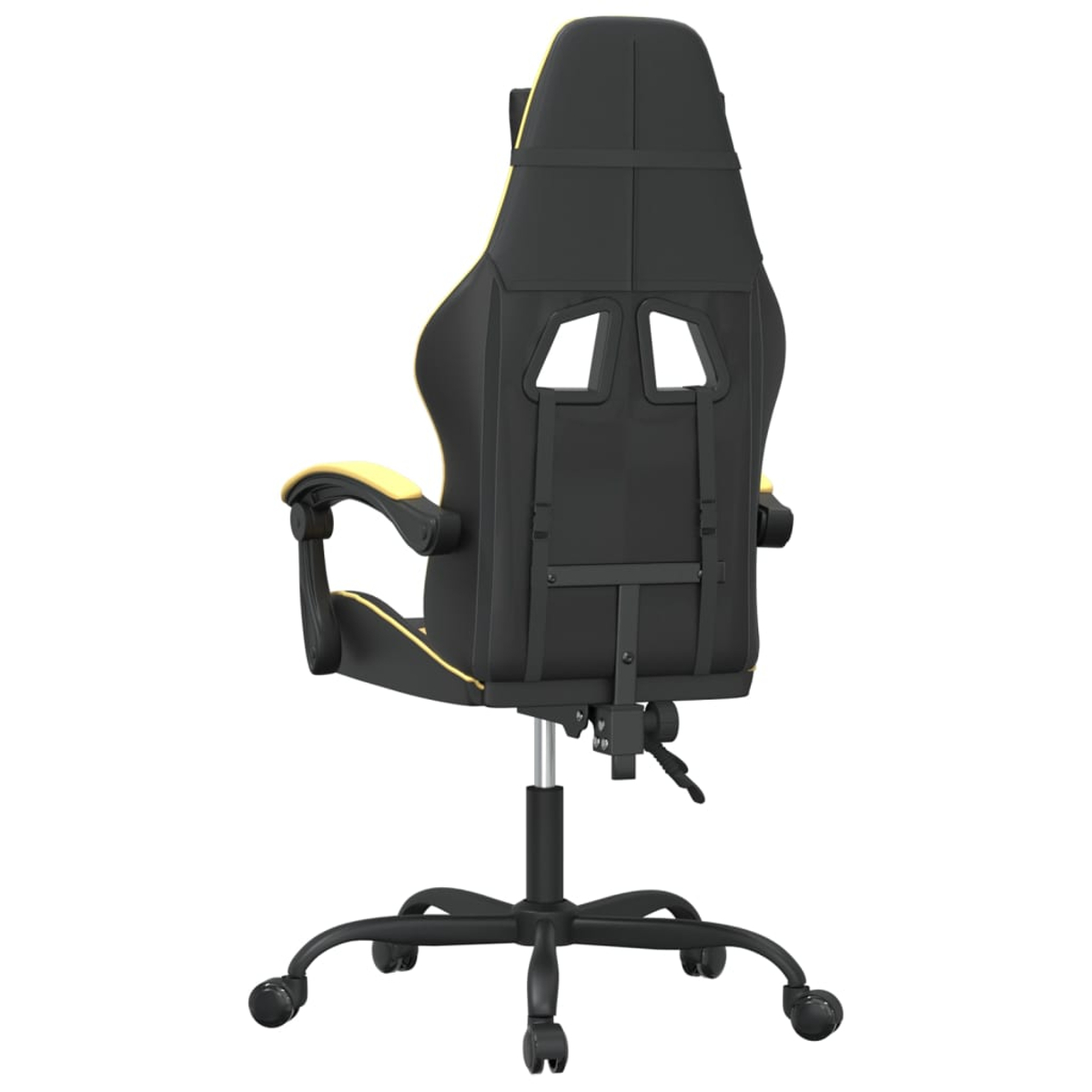 Rückseite eines schwarz-gelben Gaming-Stuhls. Er hat eine hohe Rückenlehne mit zwei Öffnungen und ein Fünf-Rad-Gestell.