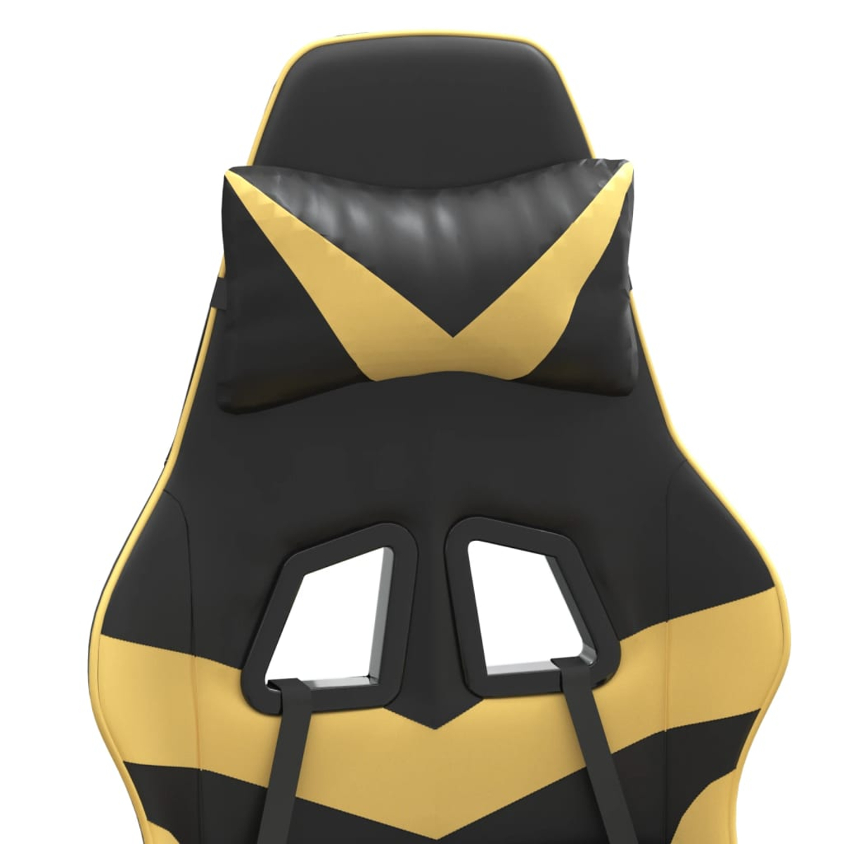 Ein schwarz-goldener Gaming-Stuhl wird gezeigt. Er hat eine Kopfstütze mit goldenem Chevron-Design und einen schwarz-goldenen Sitz.