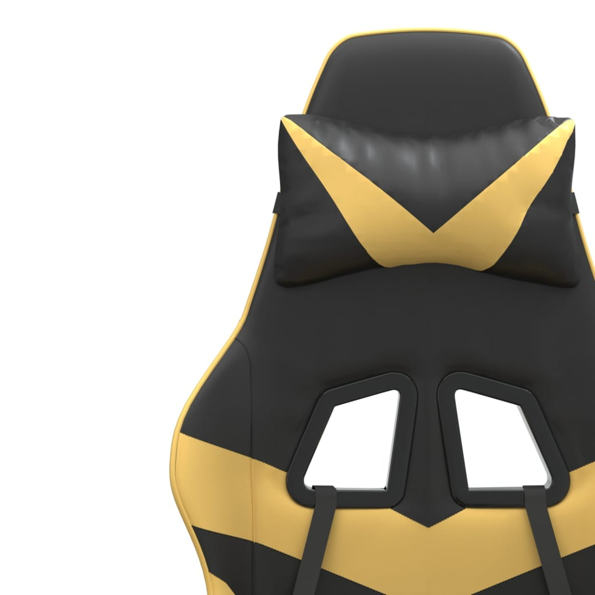 Nahaufnahme eines schwarz-gelben Gaming-Stuhls. Der Stuhl hat eine Kopfstütze mit gelbem Chevron-Design und gelbem Streifen.