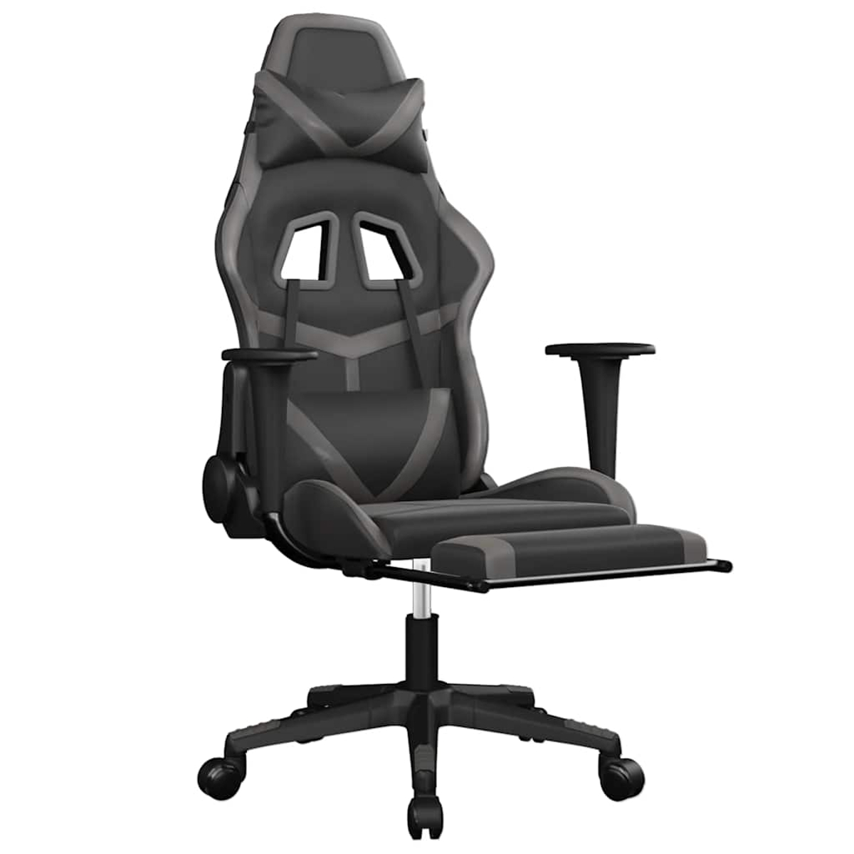 Ein moderner schwarzer und grauer Gaming-Stuhl mit Kopfstütze, Armlehnen und Fußstütze. Er hat Räder.