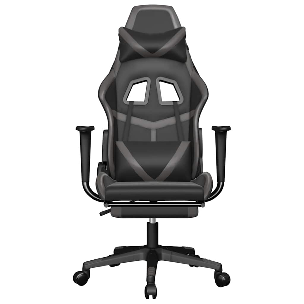 Ein schwarzer und grauer Gaming-Stuhl. Er hat eine hohe Rückenlehne, Armlehnen und ein Fünf-Sterne-Gestell mit Rollen.