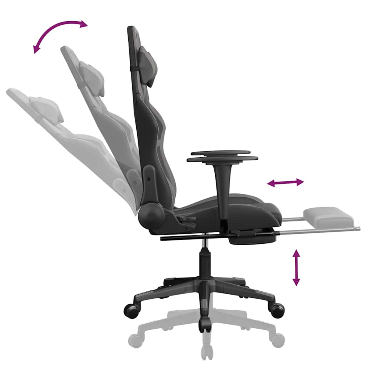Schwarzer ergonomischer Stuhl mit verstellbarer Rückenlehne, Armlehnen und Fußstütze. Pfeile zeigen die verstellbaren Richtungen.