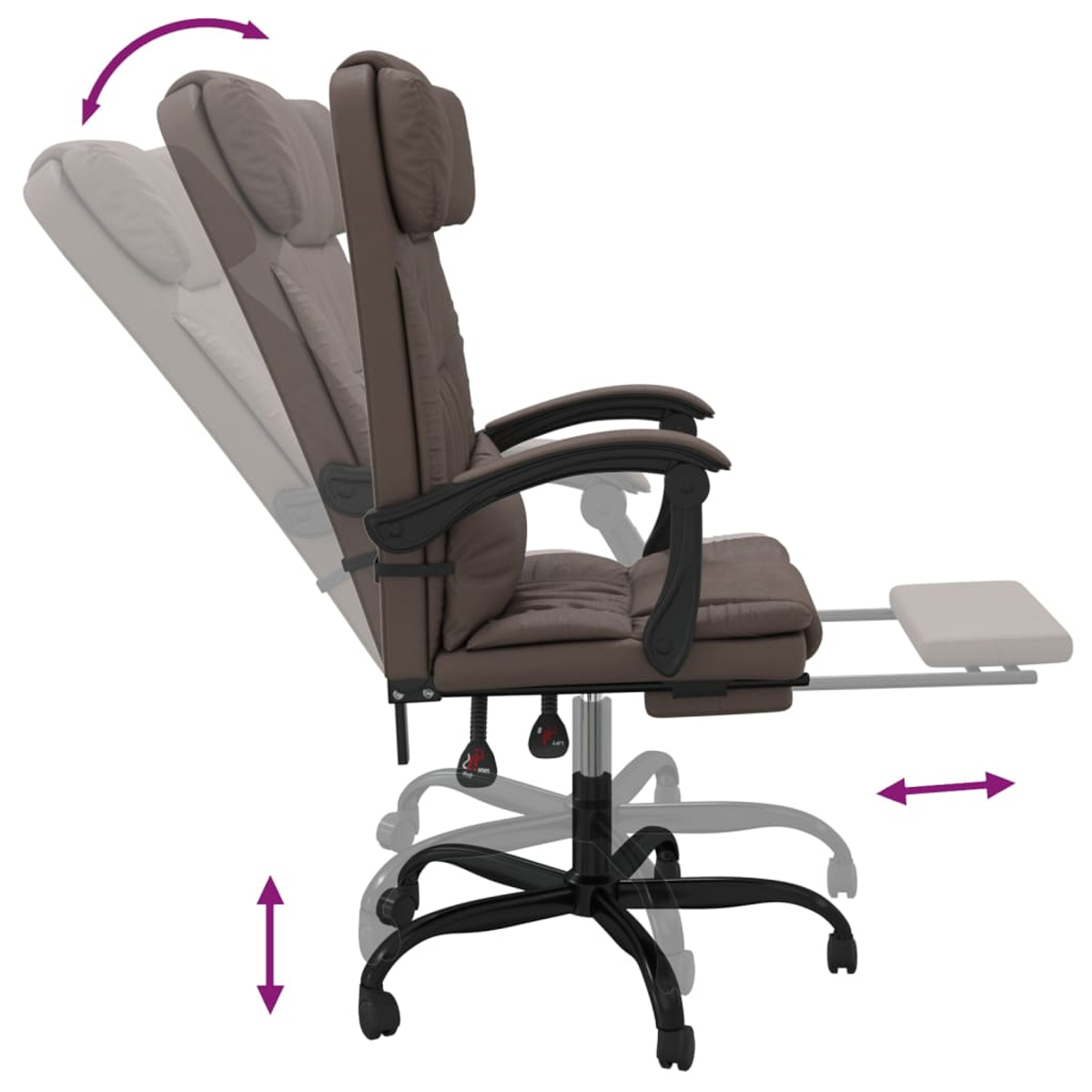 Brauner Bürostuhl mit schwarzen Armlehnen und Gestell. Pfeile zeigen verstellbare Funktionen wie Rückenlehne, Höhe und Fußstütze.
