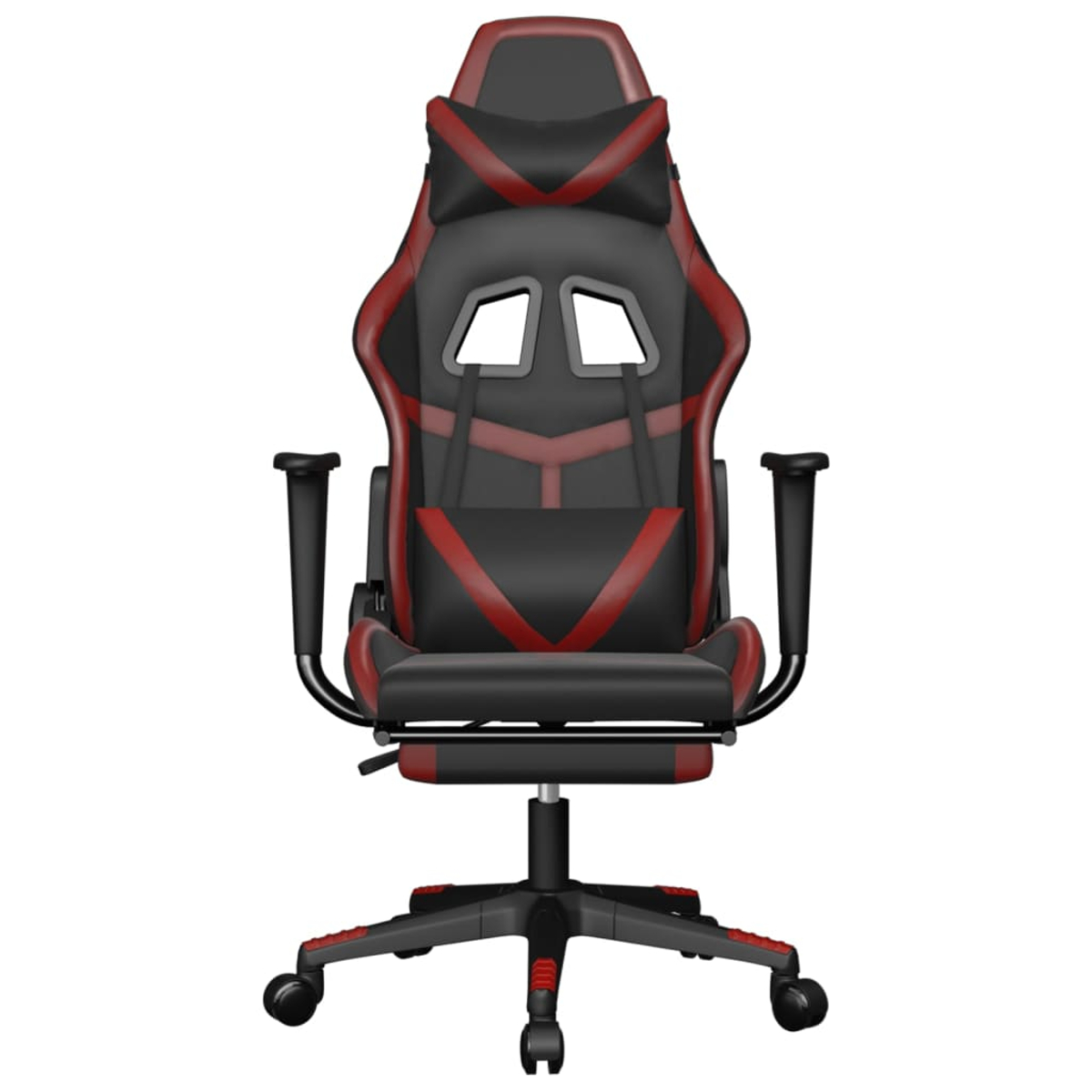 Gaming-Stuhl mit schwarzem und rotem Design. Er hat eine Kopfstütze, Rückenlehne, Armlehnen und ein Gestell mit Rollen, vor weißem Hintergrund.