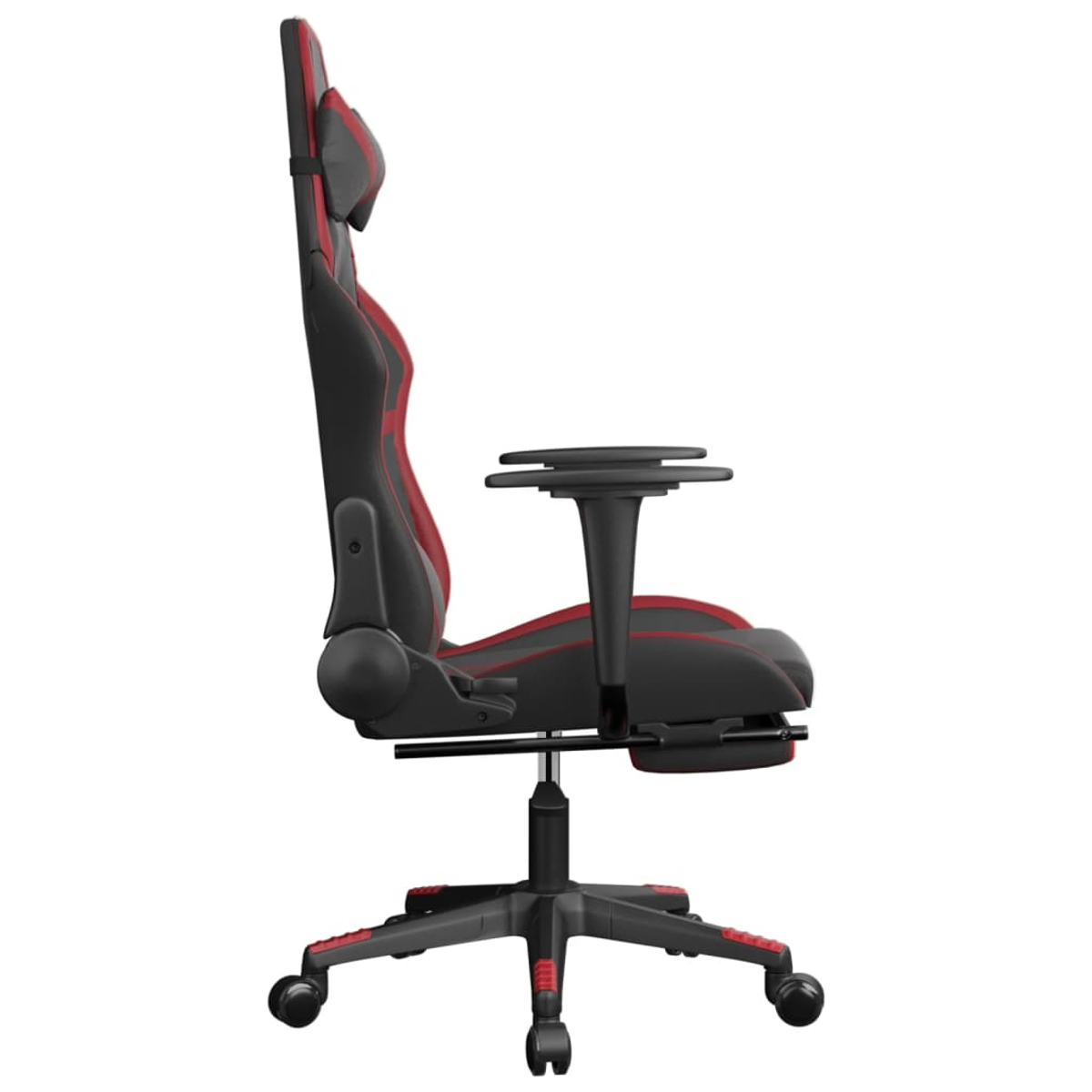 Seitenansicht eines schwarz-roten Gaming-Stuhls. Er hat eine Kopfstütze, Armlehnen und ein Fünf-Sterne-Gestell mit Rollen.