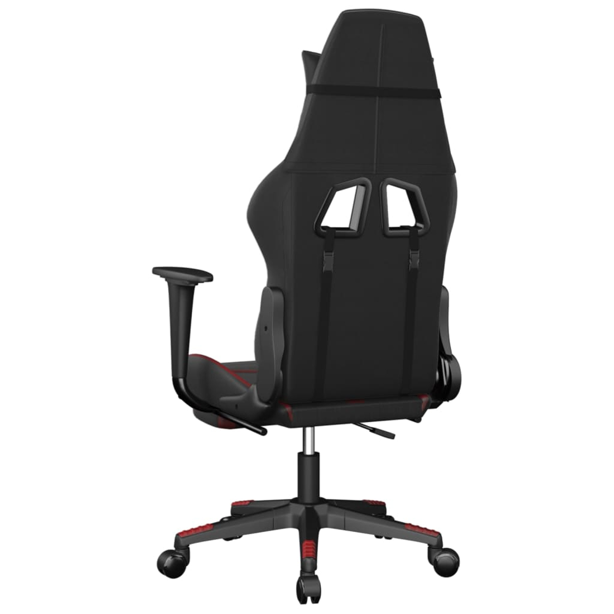 Rückansicht eines schwarz-roten Gaming-Stuhls. Er hat eine hohe Rückenlehne, Armlehnen, ein Fünf-Sterne-Fußkreuz und Rollen.