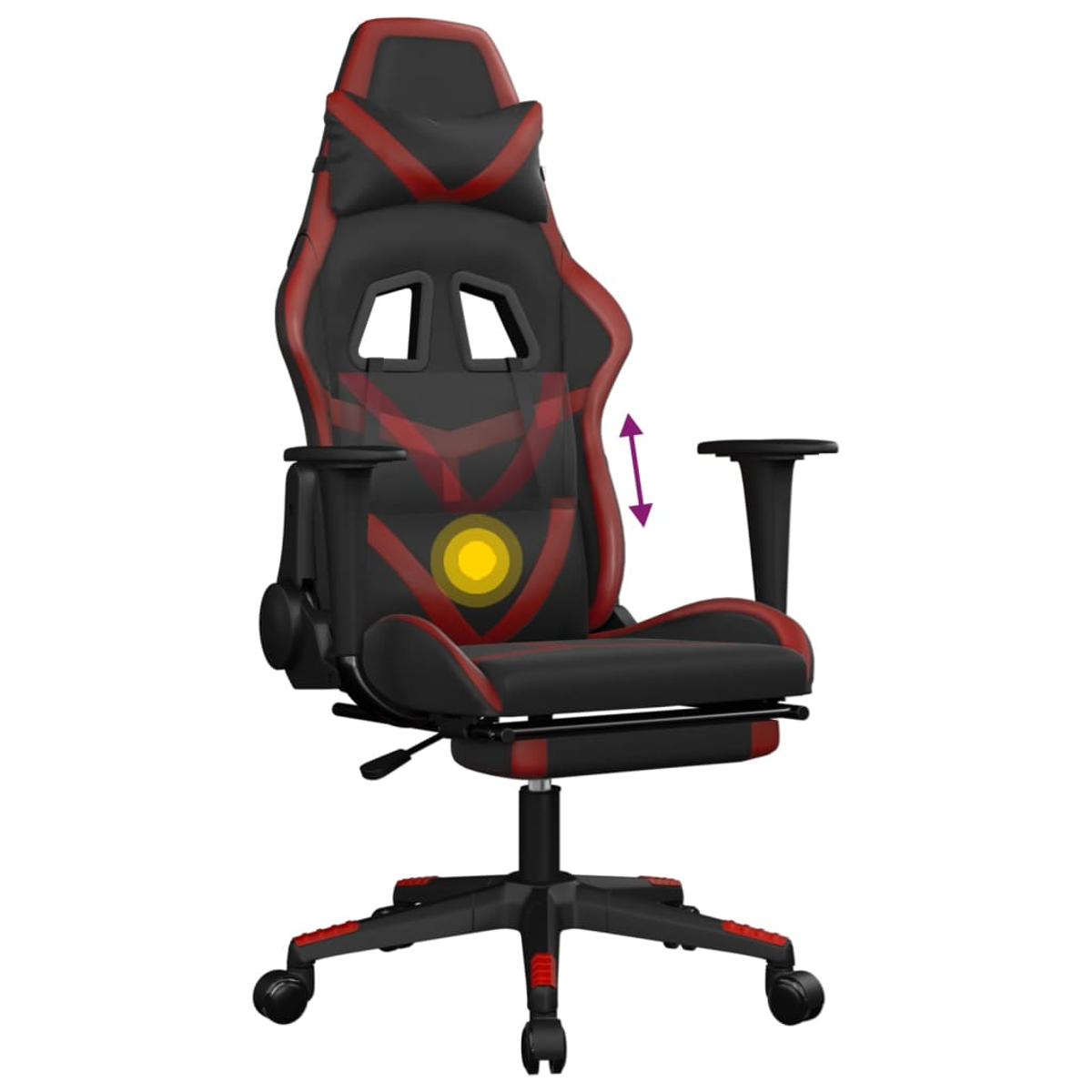 Ein schwarzer und roter Gaming-Stuhl. Er hat eine hohe Rückenlehne, Armlehnen und eine Fußstütze. Ein Pfeil zeigt die Verstellung an.