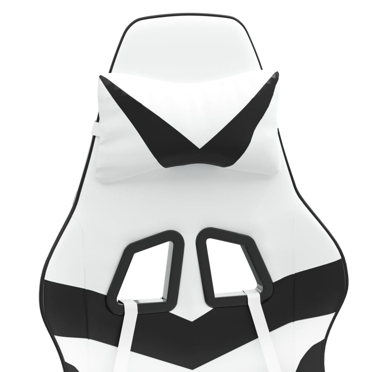 Ein weiß-schwarzer Gaming-Stuhl wird gezeigt. Er hat ein Kopfkissen und ein Design im Rennstil.
