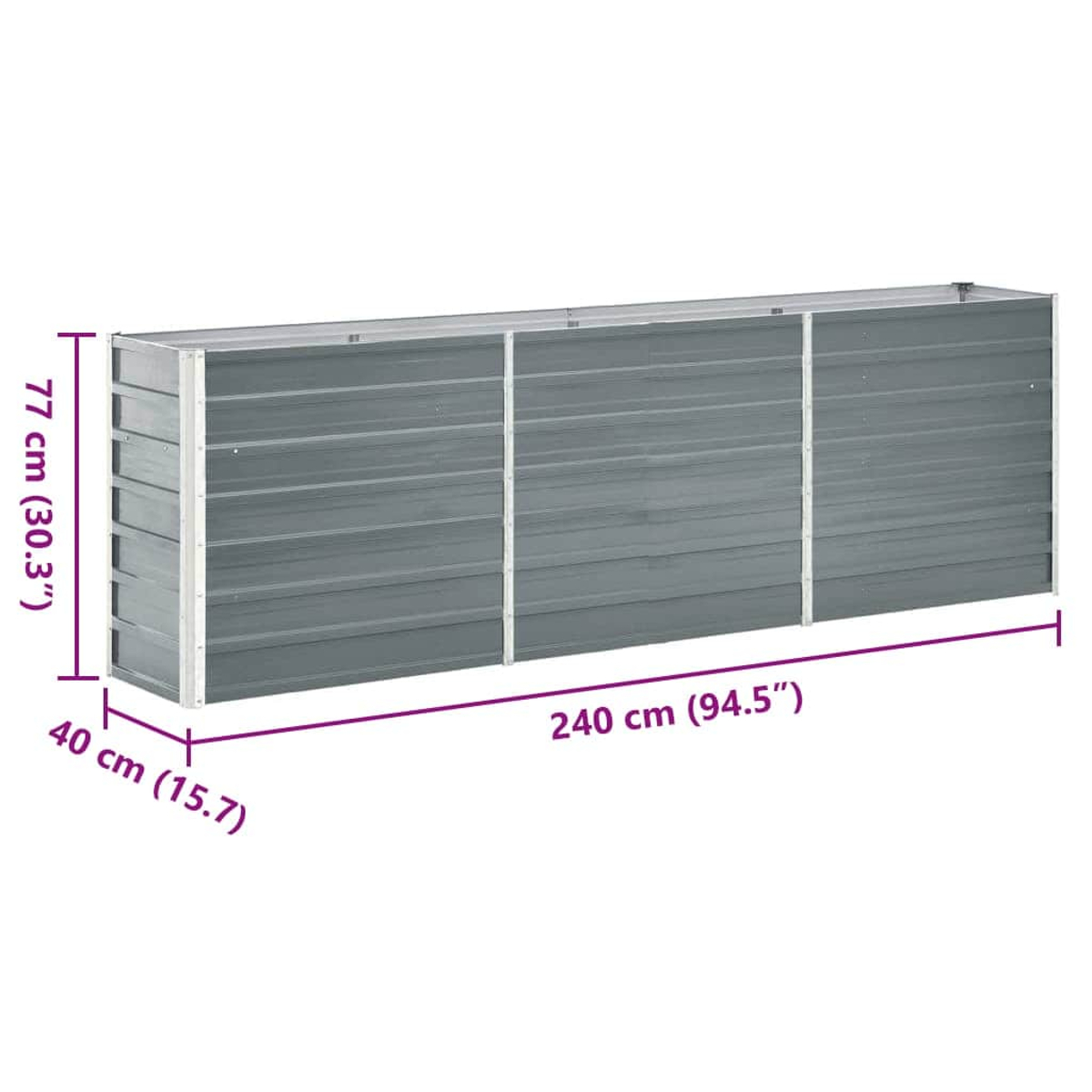 Ein grauer Metallpflanzer mit den angegebenen Abmessungen: 240 cm lang, 77 cm hoch und 40 cm breit. Er hat drei Sektionen.