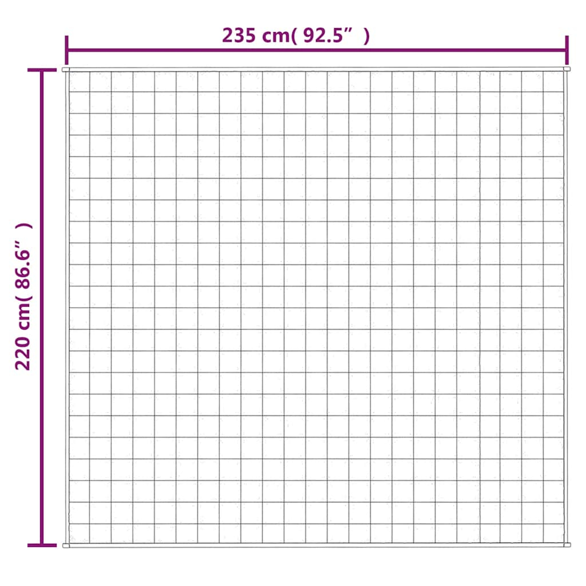 Ein Metallgitterzaun mit violett beschrifteten Abmessungen: 235 cm (92,5") breit und 220 cm (86,6") hoch.