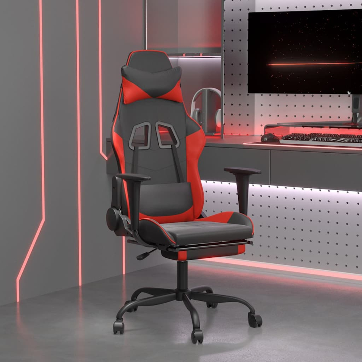 Ein Gaming-Stuhl mit roten und schwarzen Akzenten. Er steht vor einem Schreibtisch mit einem Monitor, der eine rote Linie anzeigt.