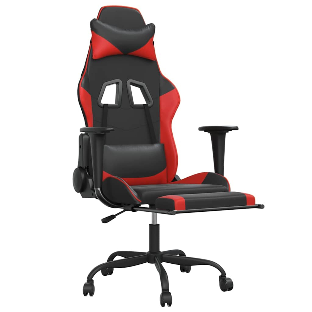 Ein Gaming-Stuhl mit schwarzem und rotem Design. Er hat eine hohe Rückenlehne, Armlehnen, eine Fußstütze und ein Fünf-Rollen-Gestell, isoliert auf weißem Grund.