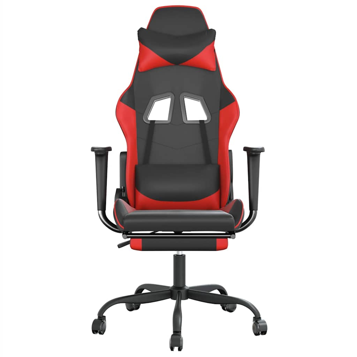 Ein rot-schwarzer Gaming-Stuhl. Er hat eine hohe Rückenlehne, Armlehnen und ein Fünf-Sterne-Gestell mit Rollen.