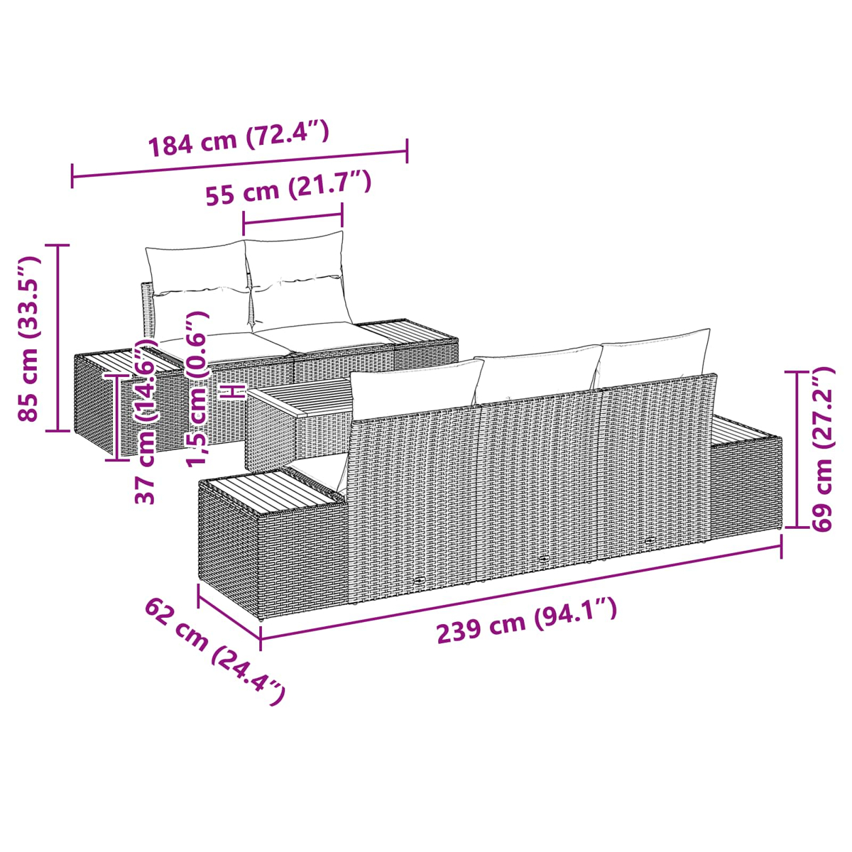 Diagramm eines Rattansofa-Sets mit Abmessungen in cm und Zoll. Beinhaltet ein Zweisitzer-Sofa, einen Einzelsessel und einen Couchtisch.