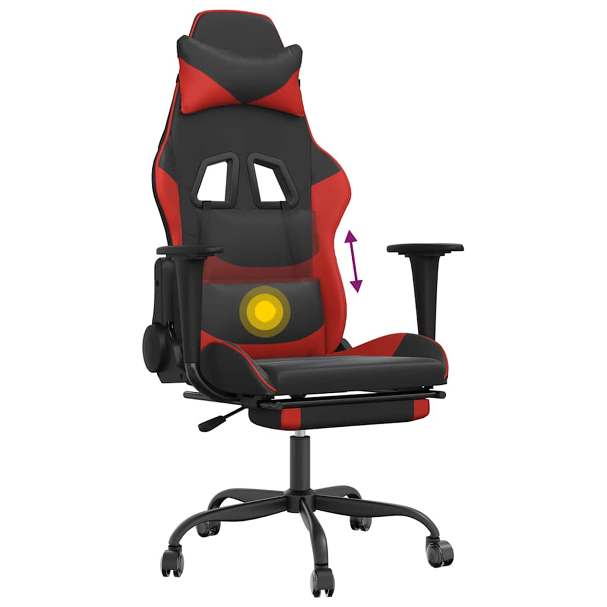 Ein rot-schwarzer Gaming-Stuhl wird gezeigt. Er hat eine hohe Rückenlehne, Armlehnen und ein Fünf-Rollen-Gestell. Der Stuhl steht vor weißem Hintergrund.