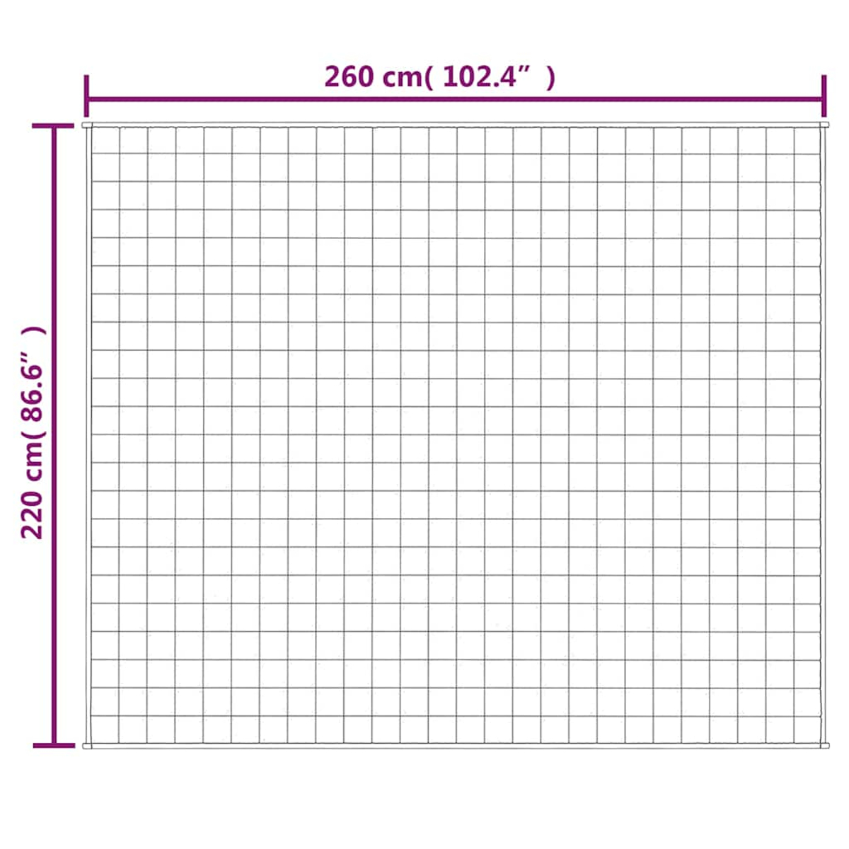 Diagramm eines Gitters, beschriftet mit den Maßen: 260 cm (102,4") breit und 220 cm (86,6") hoch. Das Gitter ist in Quadrate unterteilt.