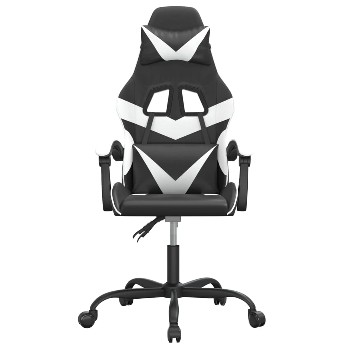 Ein schwarz-weißer Gaming-Stuhl. Er hat eine hohe Rückenlehne mit weißen Akzenten und einen schwarzen Sitz. Die Basis ist schwarz mit Rädern.