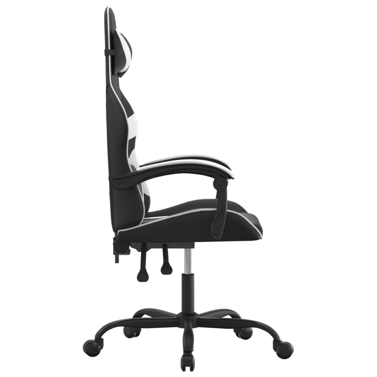 Seitenansicht eines schwarz-weißen Gaming-Stuhls. Er hat eine hohe Rückenlehne, Armlehnen und ein Fünf-Rad-Gestell, alles vor weißem Hintergrund.