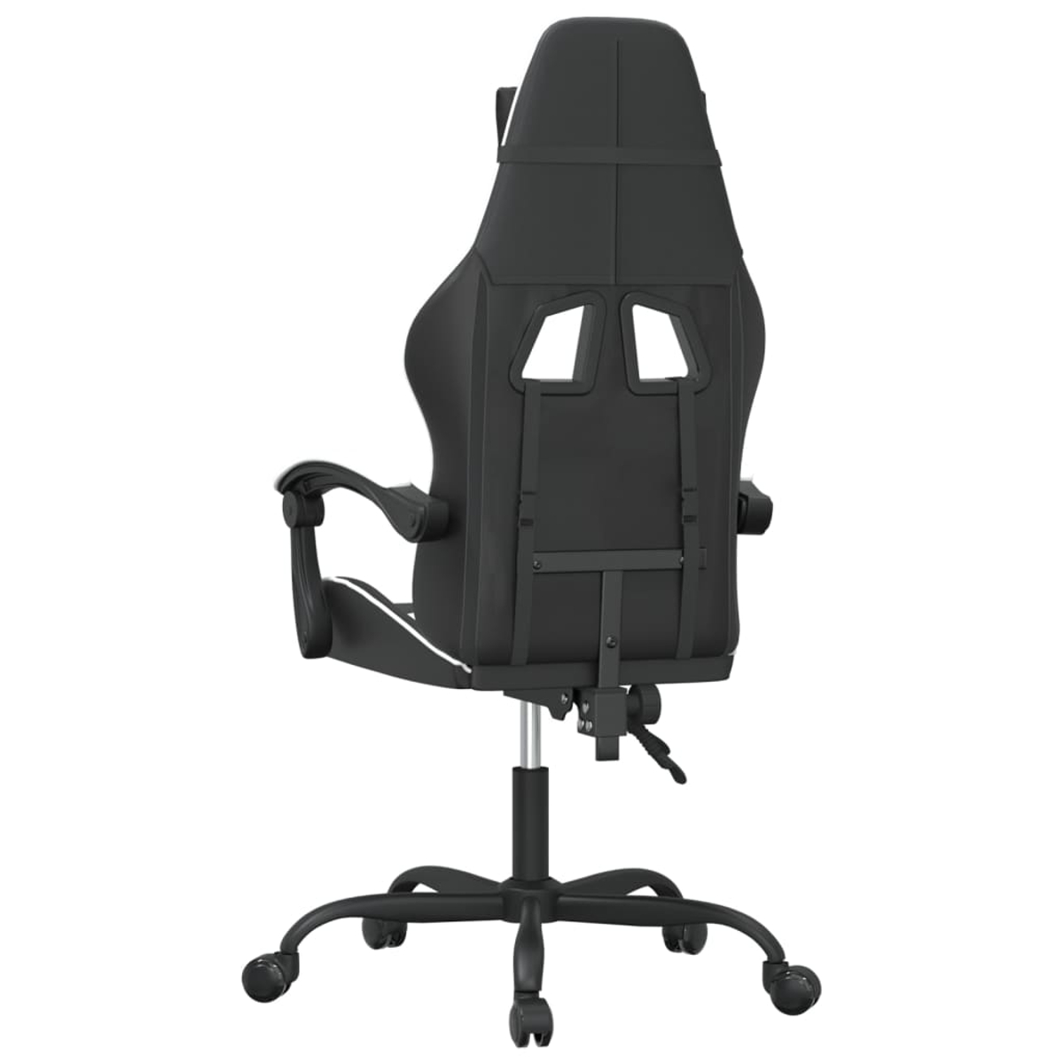 Rückansicht eines schwarzen Gaming-Stuhls. Er hat eine hohe Rückenlehne mit zwei Öffnungen, Armlehnen und ein Gestell mit Rollen.