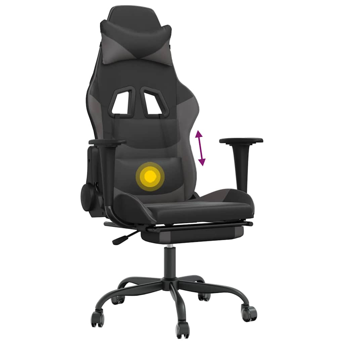 Ein schwarz-grauer Gaming-Stuhl. Er hat eine hohe Rückenlehne, Armlehnen und eine Kopfstütze. Es gibt einen Pfeil, der die Höhenverstellung zeigt.