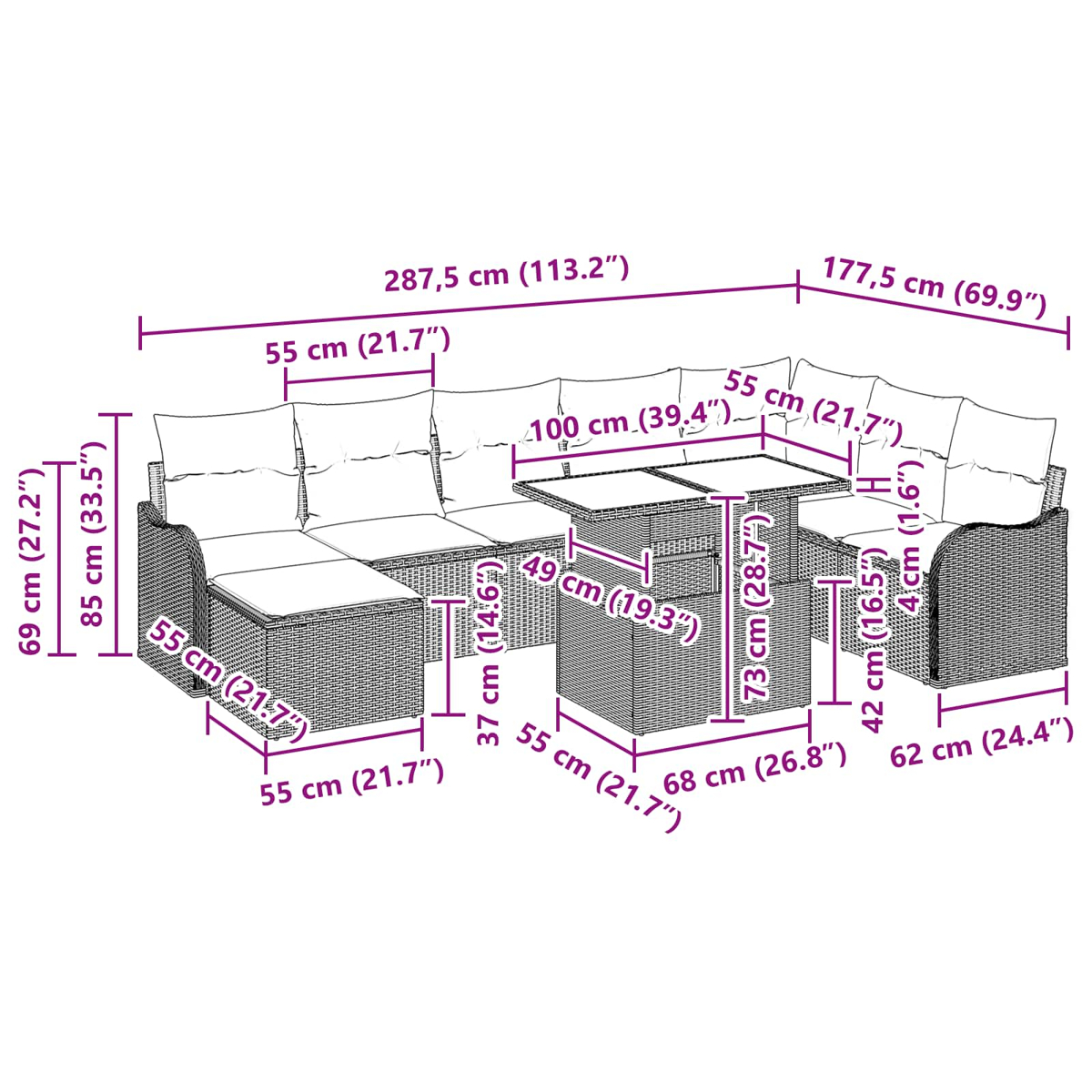 Diagrama de un sofá seccional y mesa de exterior de ratán con dimensiones en centímetros y pulgadas.