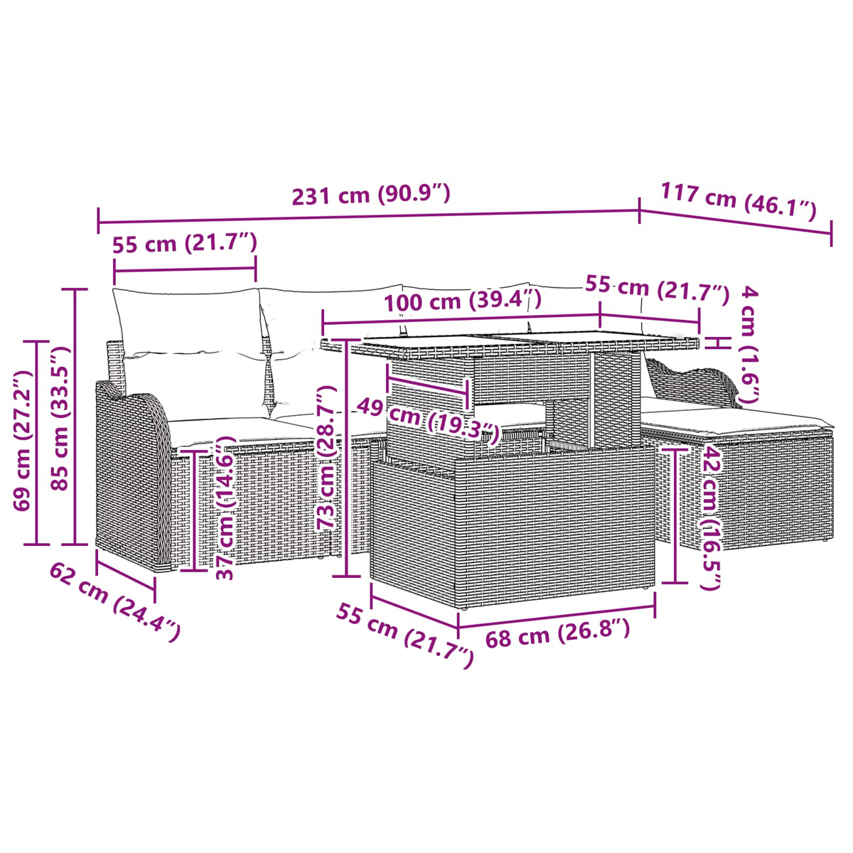 Diagrama de juego de muebles de exterior con dimensiones en cm y pulgadas. Incluye sofá, mesa y otomana.